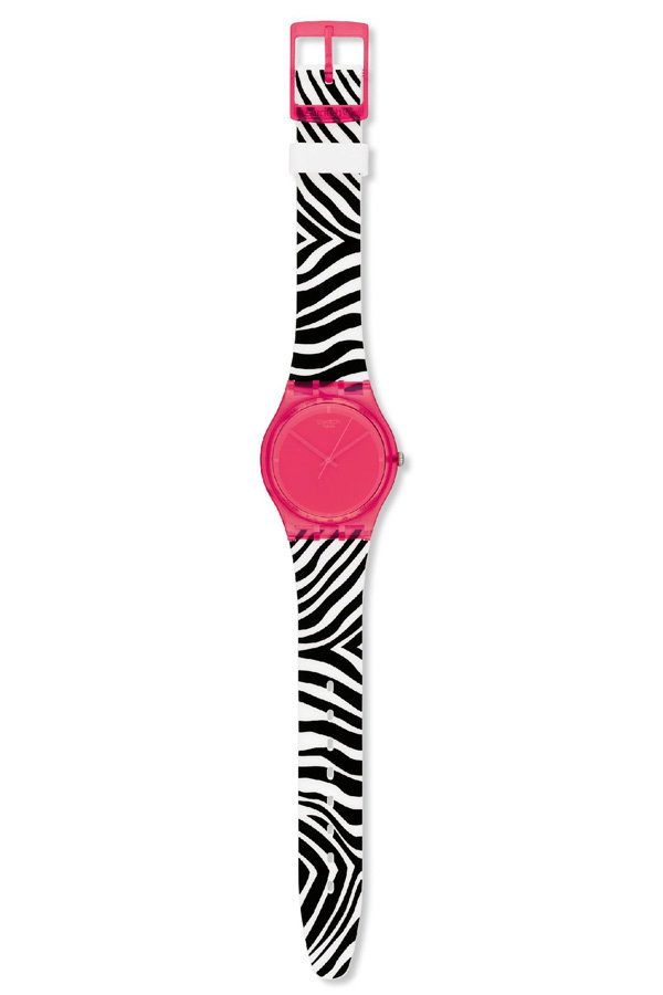 Pinke Uhr mit Zebra-Muster von Swatch