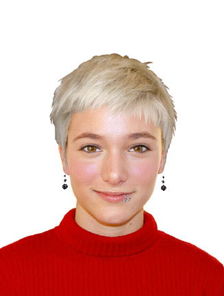 Kurzhaarschnitt mit Ohrringen und Piercings