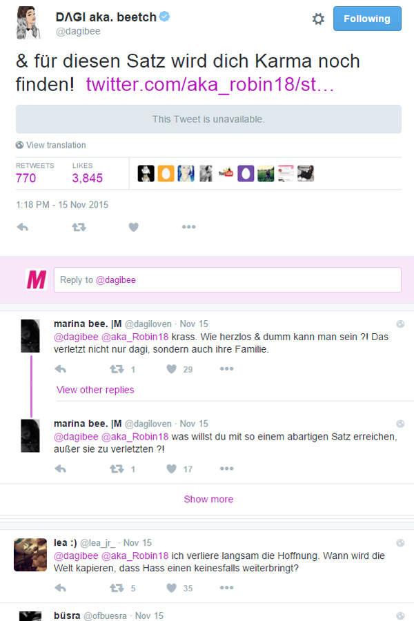 Geschmackloser Tweet an Dagi Bee