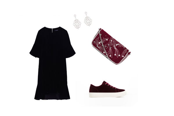 Ganz in Samt: schwarzes Kleid und rote Accessoires