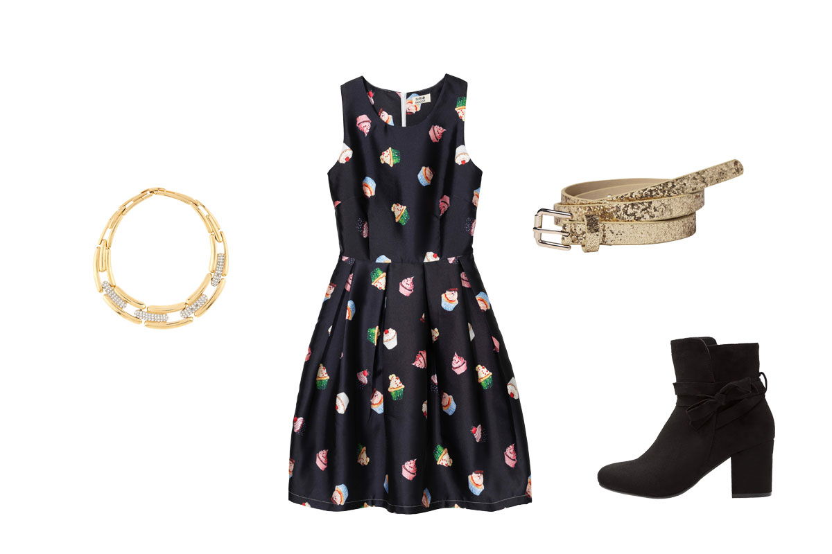 Süßes Cupcake-Kleid mit goldenen Accessoires
