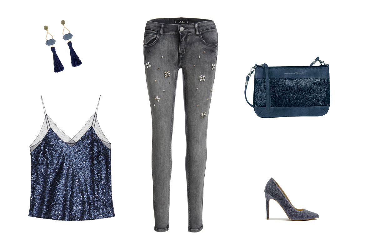 Blaues Paillettentop zur Jeans