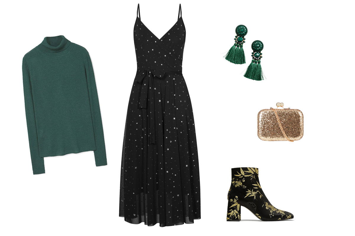 Schwarzes Kleid mit Sternen und grünem Pullover