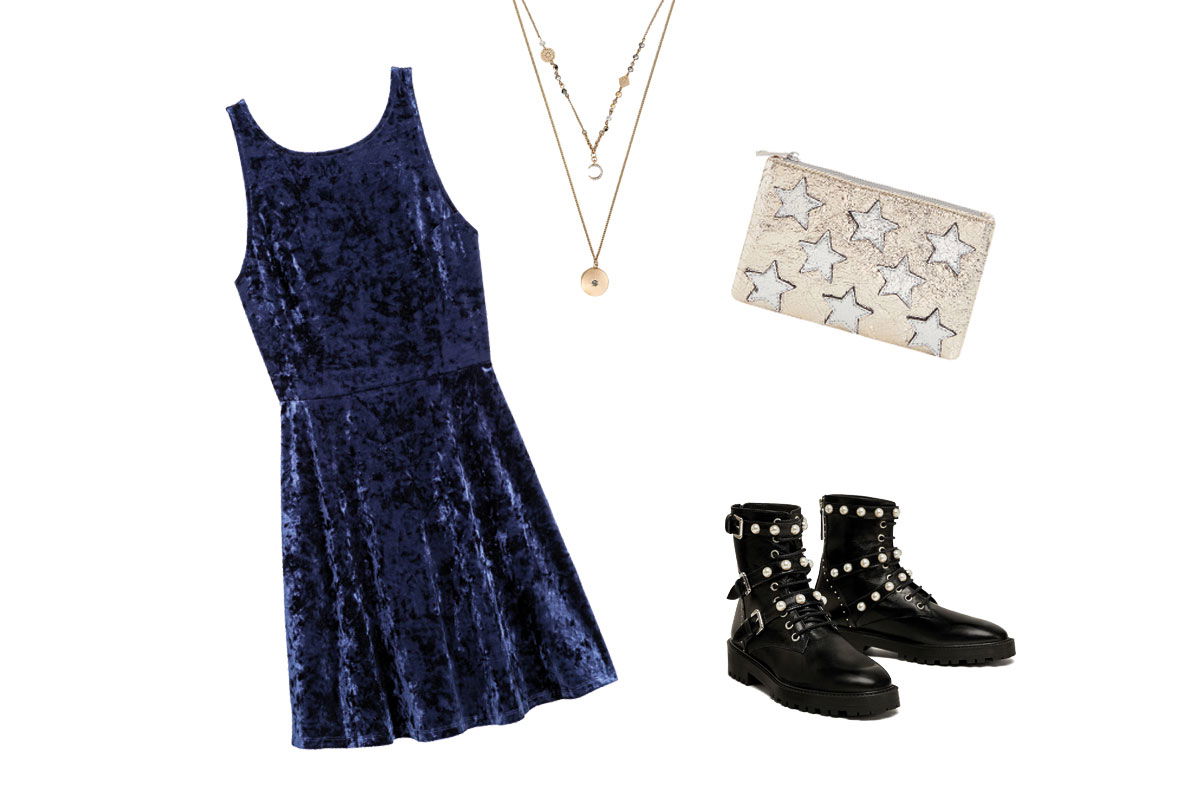 Blaues Samtkleid zu rockigen Stiefeln